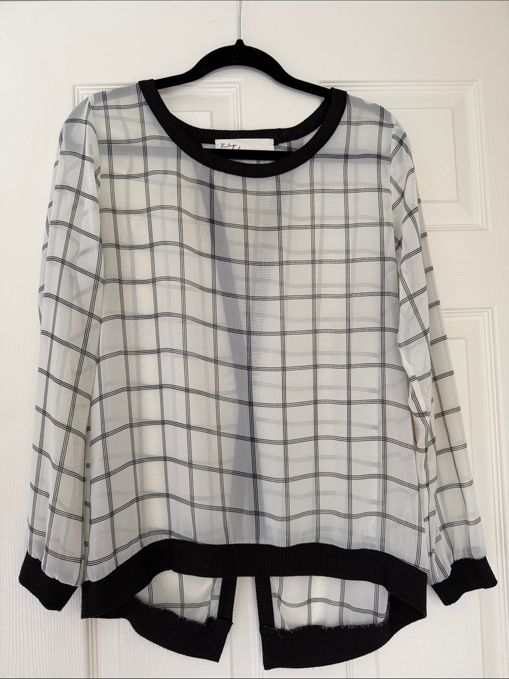Vintage Havana White Sheer Plaid Long Sleeve Top with Black Trim